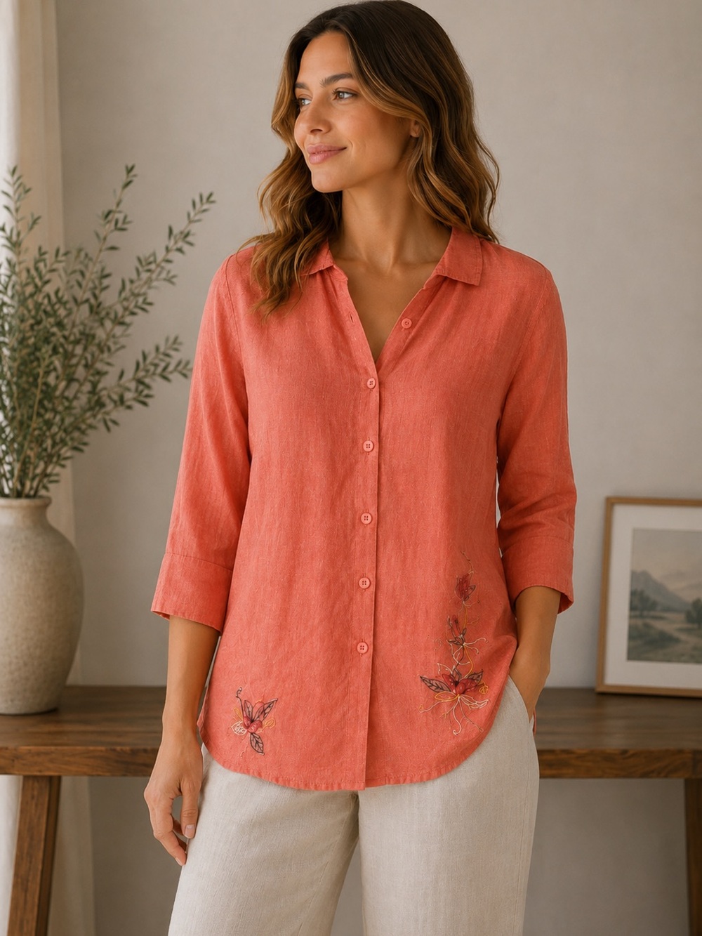 Sag Harbor Coral Embroidered Linen Blend Button Front Tunic Top Women’s 16